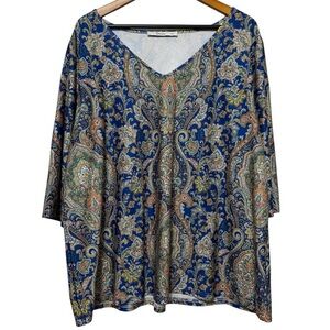 Sakurafina Paisley Print Long Sleeve V Neck Blouse Women’s Size 3XL